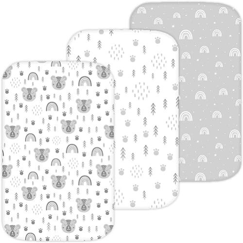 Bassinet Sheets for RONBEI, Baby Joy, Baby Delight Beside Me Dreamer, and Nordmiex Bassinet, 3 Pack, 33x20 Inch, Ultra Soft, Breathable Snug Fit, Unisex Boys Girls, Gray White (Woodland Rainbow)