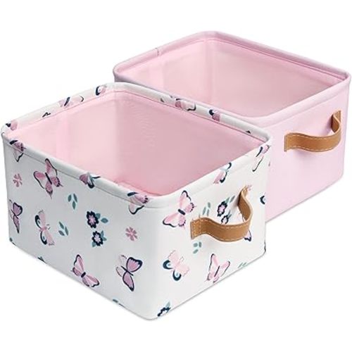 2 Pack Kids Storage Bins Including Butterfly Basket and Pink Basket - Baby Hamper for Nursery Girl - Collapsible Baskets for Toys, Diaper, Baby Shower Gifts - 8" x 5.2" x 10"