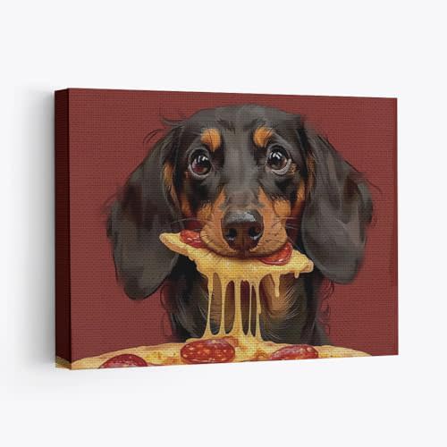 Elivita Dachshund Dog Eating Pizza Design 3 Horizontal Canvas Art Print Home Decor Pictures Poster for Bedroom Living Room Bathroom Office With Framed Ready to Hang