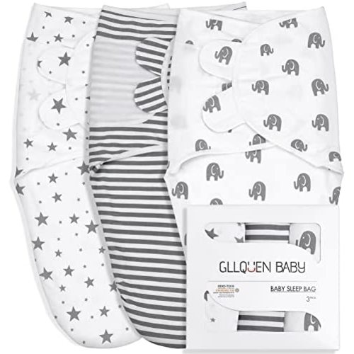 GLLQUEN BABY Organic Swaddle Blankets for Baby Boy Girl, Gray Elephant Star & Stripe, 3 Pack Wrap Set, Newborn Adjustable Swaddles Sleep Sack, 0-3 Months (Small/Medium)