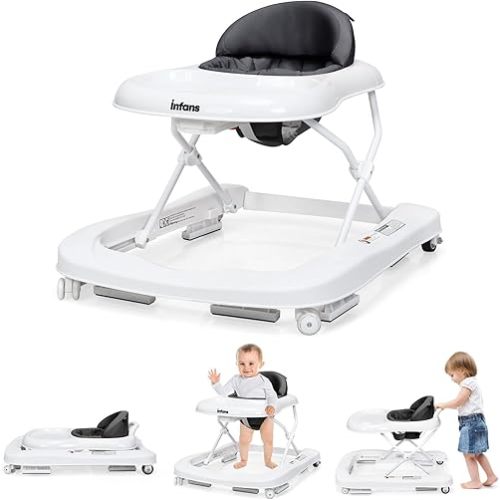 INFANS Foldable Baby Walker, 3 in 1 Toddler Walker Learning-Seated Walk-Behind for Boys and Girls, Adjustable Speed Rear Wheels, Safety Bumper, Detachable Seat Cover, Anti-Rollover (Grey)