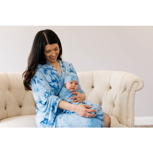 Blue Tie Dye Maternity Robe and Matching Swaddle,Postpartum Robe,Baby Boy,Baby Shower Gift,Hat,Matching Hospital Outfit,Robe and Swaddle Set