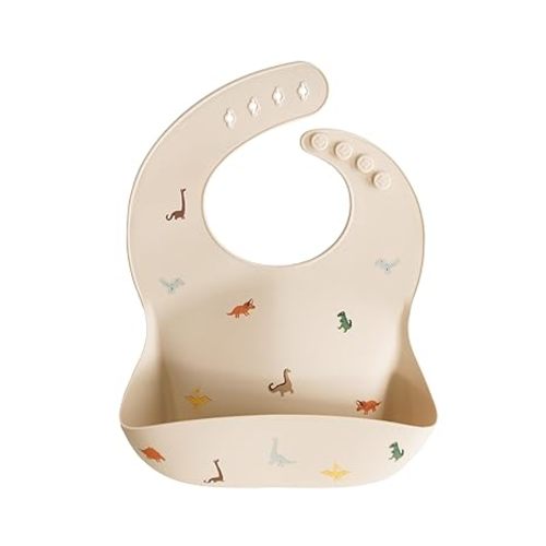 mushie Silicone Baby Bib | Adjustable Fit Waterproof Bibs (Dinosaurs)