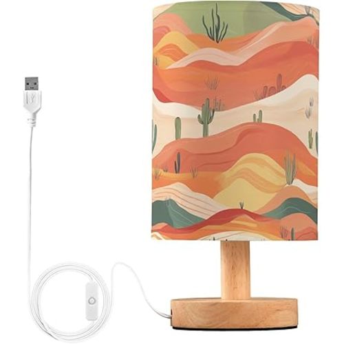 Bedside Table Lamp Western Desert Cacti Nightstand Lamp with Wood Desk Lamps for Bedroom Living Room Nursery Office Home Decor