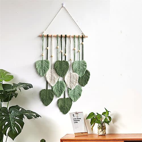 MSFENG Wall Hanging Decor Leaves Tapestry Boho Wall Decor Woven Feather Handmade Yarn Tassels Woven Wall Art Decorations for Nursery, Bedroom, Living Room, Apartment Home Backdrop (LightGreen)