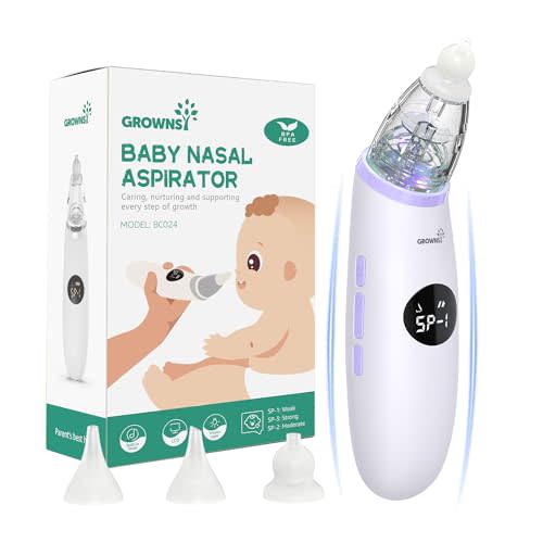 GROWNSY Nasal Aspirator for Baby | Baby Nose Sucker | Electric Nose Suction for Toddler, Ergonomic Booger Sucker with 3 Silicone Tips, Music & Light Soothing Function (Purple)