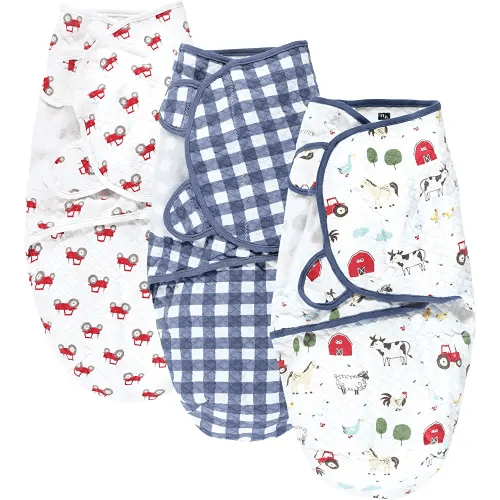 Hudson Baby Unisex Baby Quilted Cotton Swaddle Wrap 3pk, Boy Farm Animals, 0-3 Months