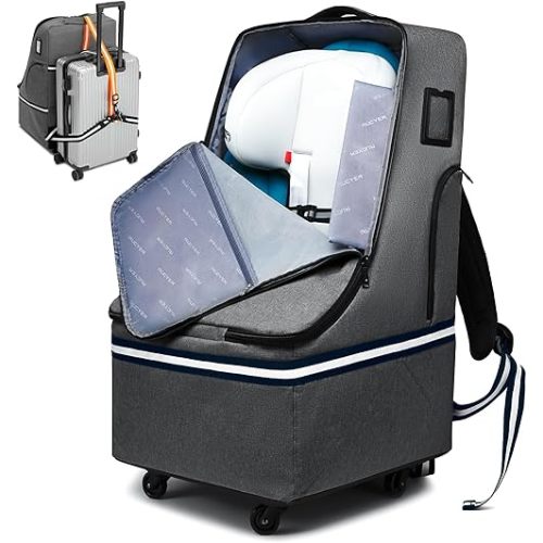 Rolling Car Seat Travel Bag, Padded Carseat Travel Backpack for Airplane,Large Durable Travel Bag with 4 Wheels,Adjustable Shoulder Strap and Waterproof Base Dark Grey