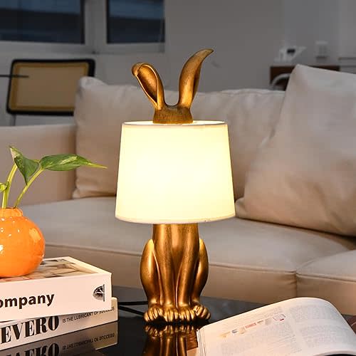 Bunny Table Lamp, Cute Animal Rabbit Lamp,Bunny Lamps,15.7" Vintage LED Desk Light with Linen Lampshade,Gold Main Part Beside Lamp for Bedroom, Study Room, Office, Nursery, Home Decor (Linen White)