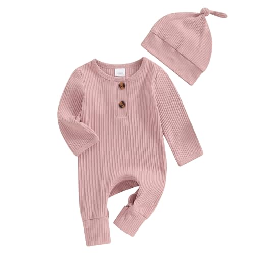 Infant Boys Girls Clothes Set Newborn Baby Romper Hat Ribbed Knit Long Sleeve Button Solid Bodysuit Jumpsuit