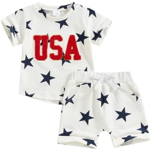 Baby Boy Girl 4th of July Outfit Toddler Fourth of July Clothes Infant USA Shirt and Stars Shorts Set
