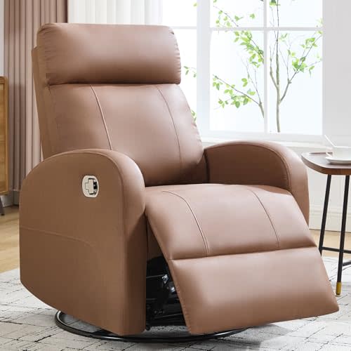 HOMYKA Swivel Rocker Recliner Chair, Manual Faux Leather Recliner, Glider Rocking Recliners 360°Swivel Nursery Reclining Chairs with Adjustable Headrest Highback for Living Room, Coffee