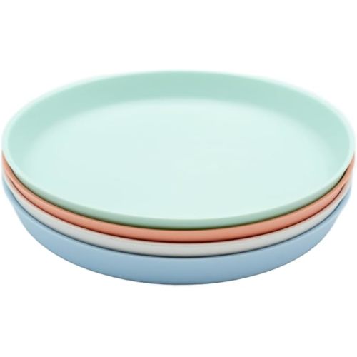 WeeSprout Bamboo Plates, Set of 4, Kid-Sized Dinnerware, Dishwasher Safe Melamine Dishware (Pastel Coral, Blue, Mint & Off White, Without Lids)