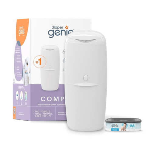 Diaper Genie Compact Pail Includes 1 Starter Square Refill That can Hold up to 165 Newborn-Sized Diapers.