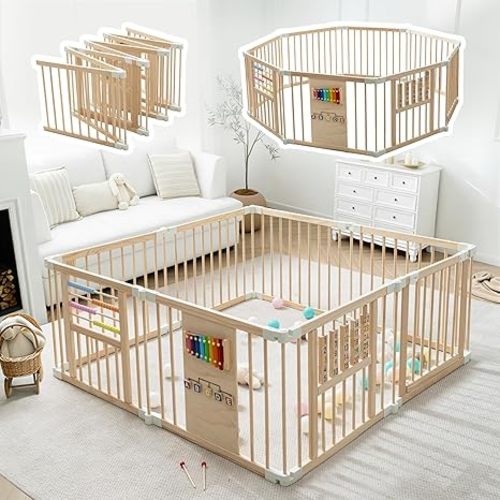 Wooden Playpen with 3 Learning Toys, Foldable 59x59, Babies & Toddlers | Learning toys: xylophone, abacus & blocks. NZ pine, non-toxic. Easy assembly. Foldable and portable. Double-lock. 59x59x24".