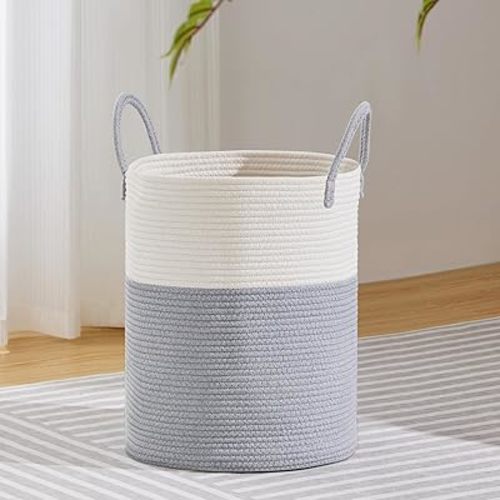 VIPOSCO Large Laundry Hamper, Tall Woven Rope Storage Basket for Blanket, Toys, Dirty Clothes in Living Room, Bathroom, Bedroom - 53L Grey & White