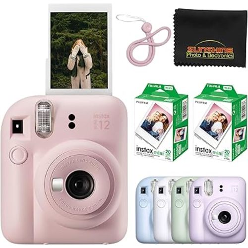 Fujifilm Instax Mini 12 Instant Camera Blossom Pink with 40 Sheets Fujifilm Instax Mini Film Bundle, Sunshine Photo Microfiber Cleaning Cloth Included
