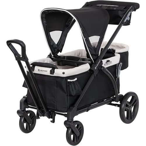 Baby Trend Expedition 2-in-1 Collapsible Stroller Wagon Plus with Canopy, Storage Basket, 2 Storage Trays, and 6 Bottle Holders, Modern Khaki