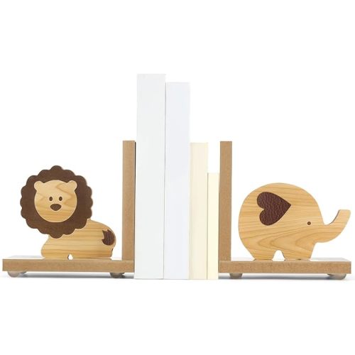 2 Pcs Animal Bookends for Kids Wooden Decor Safari Bookends Decor for Girl Children Bedroom Home(Lion Elephant)