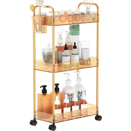 SPACEKEEPER 3 Tier Utility Storage Cart Rolling Bathroom Organizer, Transparency Mobile Shelving Unit Clear Rolling Utility Cart Multifunction, Amber