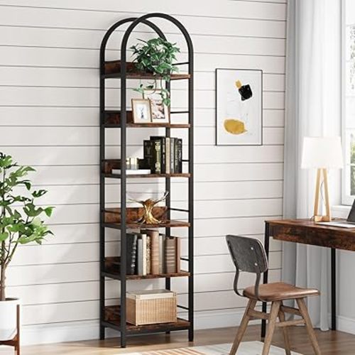 Tribesigns 6-Tier Open Bookshelf, 78.7" Tall Arched Bookcase Narrow Bookshelf with Metal Frame, Freestanding Corner Bookcase Display Shelves for Living Room, Home Office, Rustic Brown