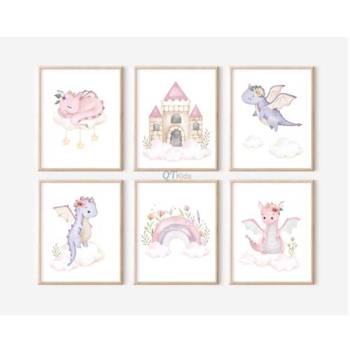Pink Floral Dragon Nursery Prints, Girl Nursery Prints, Girl Room Printable Wall Art, Set of 6 Watercolour Dragons Prints,DIGITAL DOWNLOAD