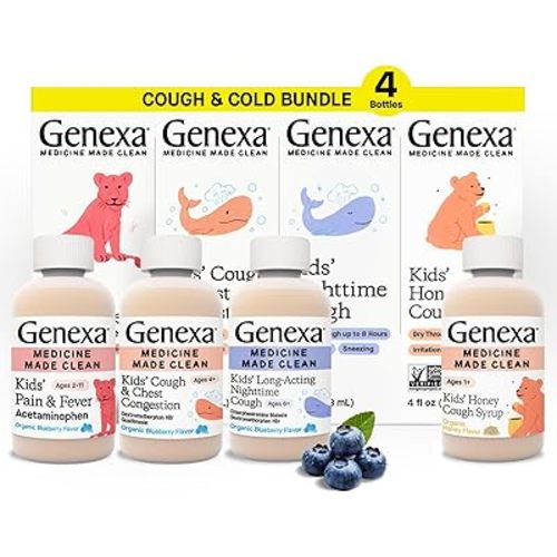 Genexa Kids' Clean Cough Relief & Honey Cough Syrup, Pain & Fever Relief Value 4-Pack, Dye Free, 0% Artificial Additives, Cough Care for Children, Fever Reducer & Pain Reliever, 16 fl oz (4 Bottles)