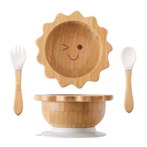 Bamboo Suction Bowl for Baby Kid Toddler Bowl Spoon Fork Set with Removable Silicone Suction All-Natural Baby Feeding Set for Baby-Led Weaning Fits Feeding High Chair Table