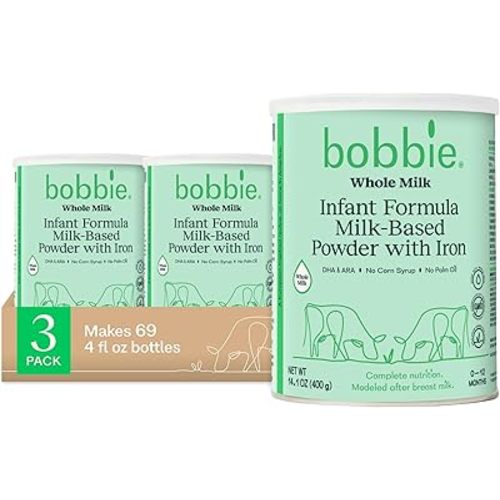 Bobbie Whole Milk, Grass Fed Infant Formula with Iron, Plant Based DHA and ARA, Vitamin D and Protein Blend Modeled After Breast Milk, For Newborn Baby to 12 Month Old, 14.1 oz, 3 Pack