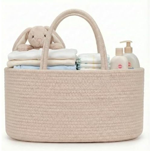 Diaper Caddy Organizer, Large Cotton Rope Nursery Baby Basket, Changing Table Organizer for Baby Diaper Storage, Portable Car Organizer Removable Divider (Oatmeal, Extra Large)