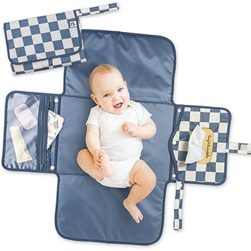 Tiny Twinkle Portable Diaper Changing Pad | Waterproof, Wipeable & Compact Baby Changing Pad for Travel | Smart Wipes Pocket & Organized Storage| Newborn Shower Gift (Blue Checkers)