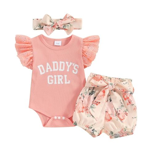 Newborn Baby Girl Auntie Outfits Auntie's Bestie Short Sleeve Ribbed Romper Floral Shorts Clothes with Headband