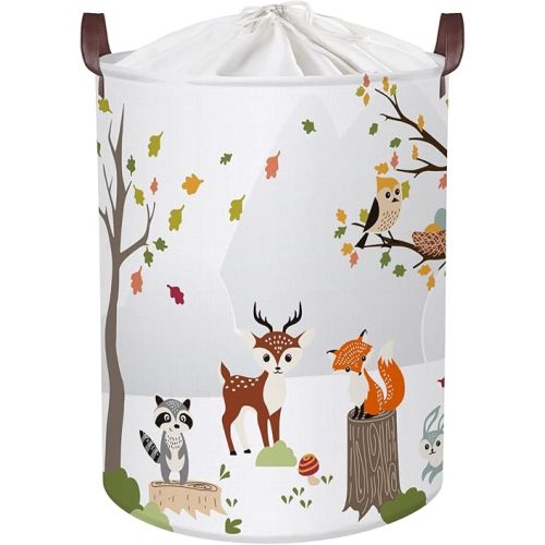 Clastyle 45L Woodland Forest Animals Laundry Basket Jungle Deer Fox Clothes Toy Storage Basket Collapsible Kids Laundry Hamper with Handle Drawstring