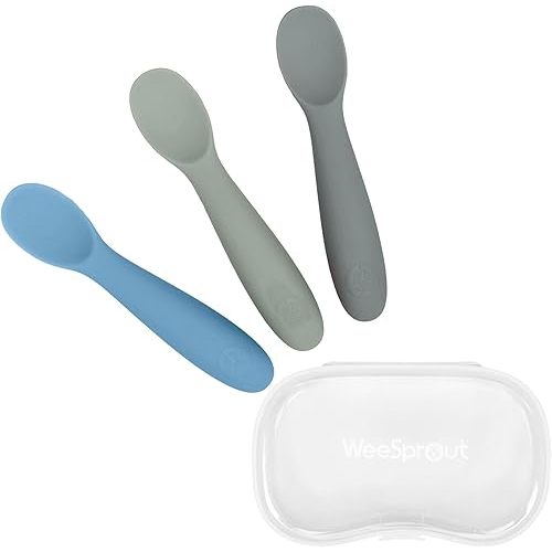 WeeSprout Baby Spoons for Self Feeding 6 Months +, Soft & Durable Silicone Utensils for Sensitive Gums & Teeth, Easy Grip Handles & Shorter Length for Little Hands, 3 Pack + Carrying Case