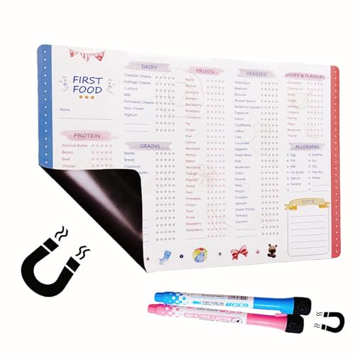 Baby First Foods Tracker with Fridge Magnet, Baby Food Tracker with Back Ful Coverl Magnet, Daily Food Log Book Repeatable Erasing and Writing, 101 Before 1, Dry Erase Baby Food Chart/Checklist
