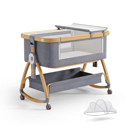 bonbay Baby Bassinet, Bedside Bassinet for Baby, 4 in 1 Portable Bassinet Bedside Sleeper with Wheels Mosquito Net & Storage Basket, 6 Height Adjustable Rocking Bassinet for Baby Newborn