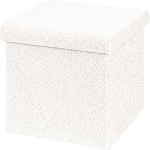 B FSOBEIIALEO Small Storage Ottoman Cube Sherpa Ottomans Foot Rest, Foldable Boucle Ottoman, Faux Teddy Fur, White 15"x15"x15"