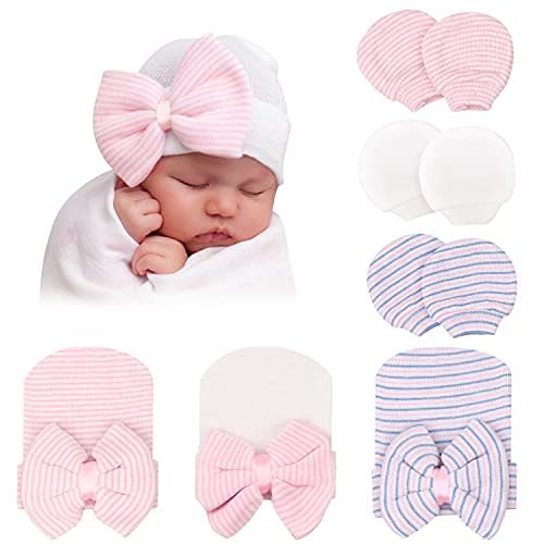 DRESHOW BQUBO Newborn Hospital Hat and Mittens Infant Baby Beanie Soft Cotton Cute Knot Nursery Cap for 0-6 Months Girls Boys