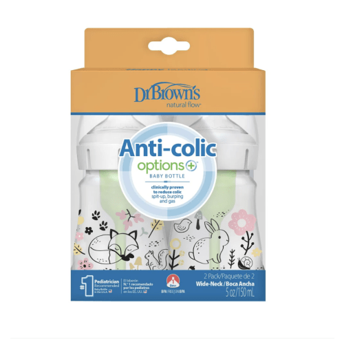 Dr. Brown's Natural Flow Anti-Colic Options+ Wide-Neck Baby Bottle, 5oz/150mL, 2-Pack
