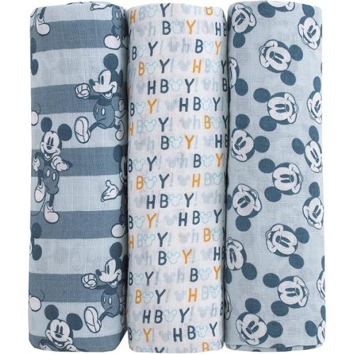 Disney Mickey Mouse Gray, Charcoal, and White 3 Piece Muslin Swaddle Baby Blanket Set