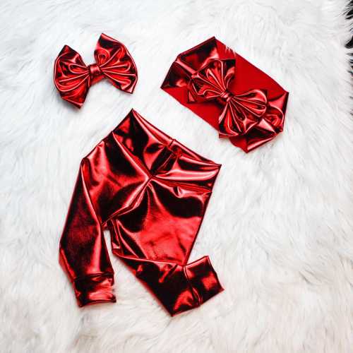 Red Faux Leather Pants, Metallic Red Baby Leggings, Red Bow Head wrap. Red Leather Skirted Bummy, Red Bummy and Bow