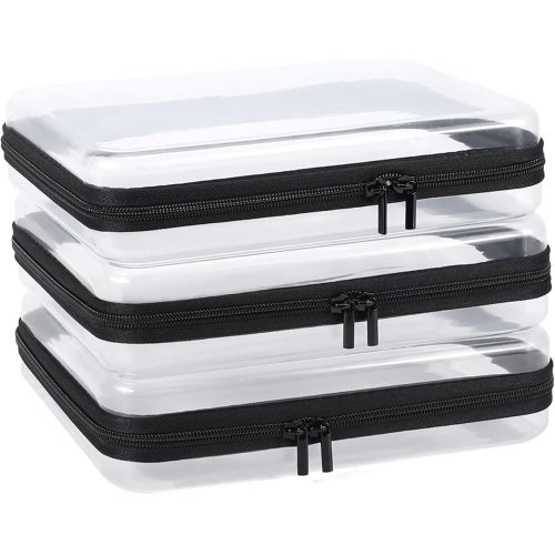 3 Pack Clear Hard Shell Zipper Case, Clear Zipper Pouches Waterproof Makeup Organizer & Travel Toiletry Bag, Plastic Pouch for Travel Office Storage, Black Large Size