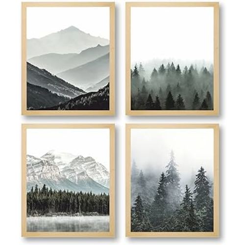 PoyBux Design - Set Of 4 UNFRAMED (8''x10'') Natural Mountain Wall Art Poster Prints, Green Foggy Mountains Nature Wilderness Photography Abstract Rustic Aerial Prints Home Artwork Decoration for Living Room,Bedroom, Misty Forest Print Nature Poster - For