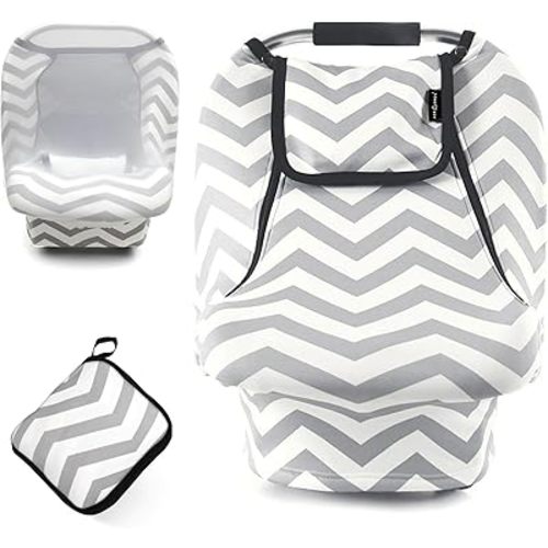 ACRABROS Car Seat Covers for Babies,All Season Infant Carseat Cover Canopy for Boys and Girls,Stretchy Adjustable Peeping Window with Mesh Cover,Warm Breathable Universal, Grey White Chevron