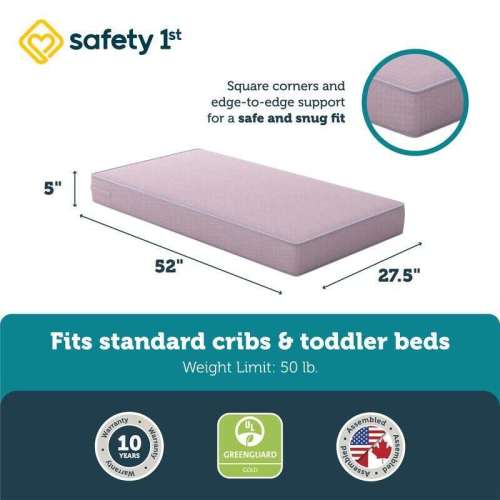 Safety 1st Heavenly Dreams Baby Crib and Toddler Bed Mattress, Waterproof and Stain Resistant Cover, Pink