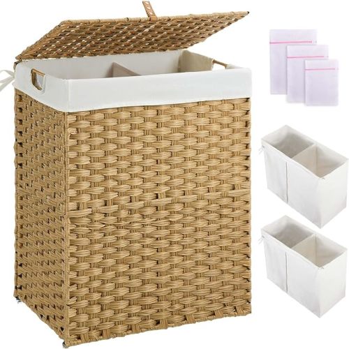 Greenstell Laundry Hamper with Lid, 110L Foldable Wicker Clothes Hamper, 2-Section Laundry Basket with Handles, 2 Removable Liner Bags & 3 Laundry Bags, Handwoven for Bathroom, Laundry Room, Natural