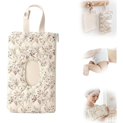 Quilted Baby Wipe Pouch, Refillable Floral Baby Wipe Holder, Portable Mommy Bag for Travel Stroller Daily Casual (White)
