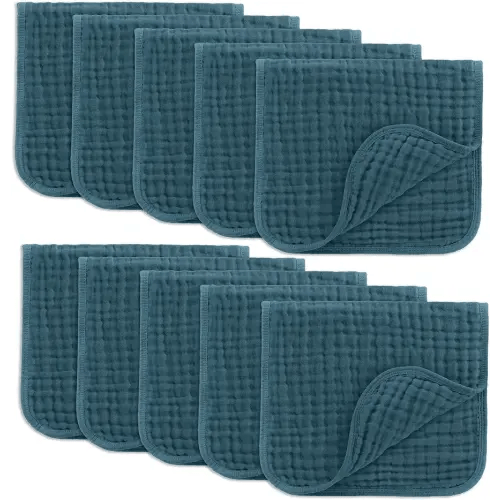 Comfy Cubs Muslin Burp Cloths 20" x 10", Pack of 10 - Large, 6-Layer, Ultra Absorbent 100% Cotton for Baby Drool and Messes - Soft, Safe & Gentle Baby Burp Cloths for Boys & Girls - Neptune