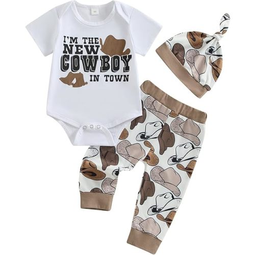 Baby Boy Western Clothes Cowboy Letter Short Sleeve Romper Cowboy Boots Hat Pattern Pant Newborn 3Pcs Country Outfit