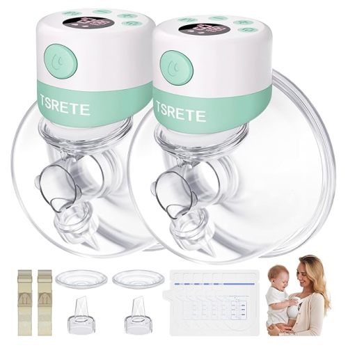 TSRETE Double Wearable Breast Pump, Electric Hands-Free Breast Pumps with 2 Modes, 9 Levels, LCD Display, Memory Function Rechargeable with Massage and Pumping Mode 24mm Flange-Green - 24MM - 24mmgreen